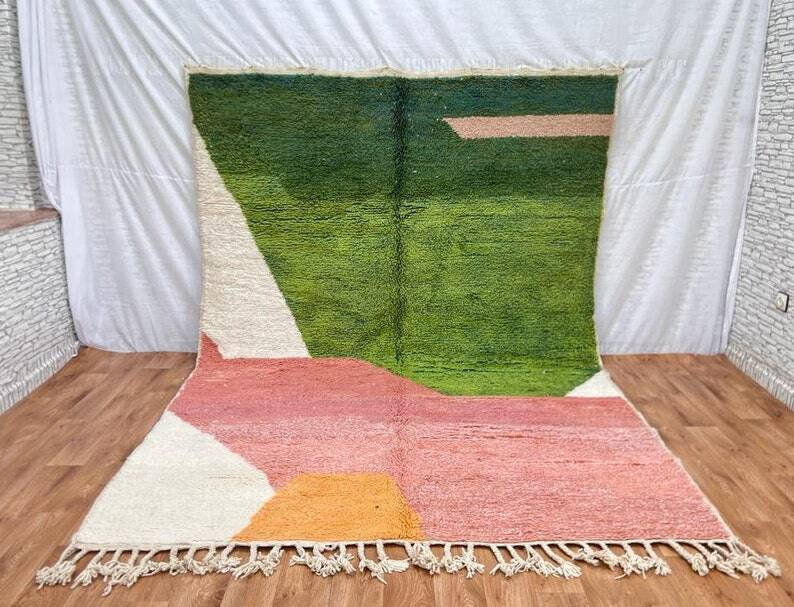 Handmade Berber wool rug, green and pink, 150/250cm