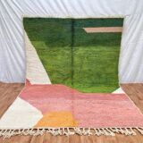 Handmade Berber wool rug, green and pink, 150/250cm
