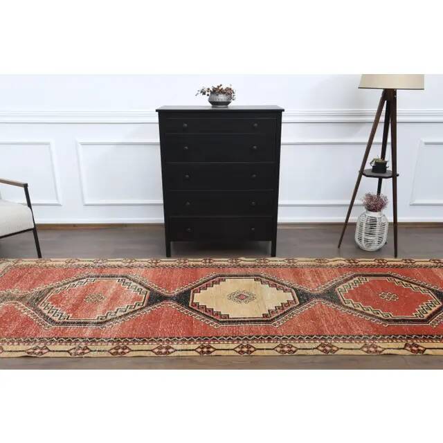 1970s Vintage Turkish Oushak Handmade Wool Cotton Red Runner Rug 116x267