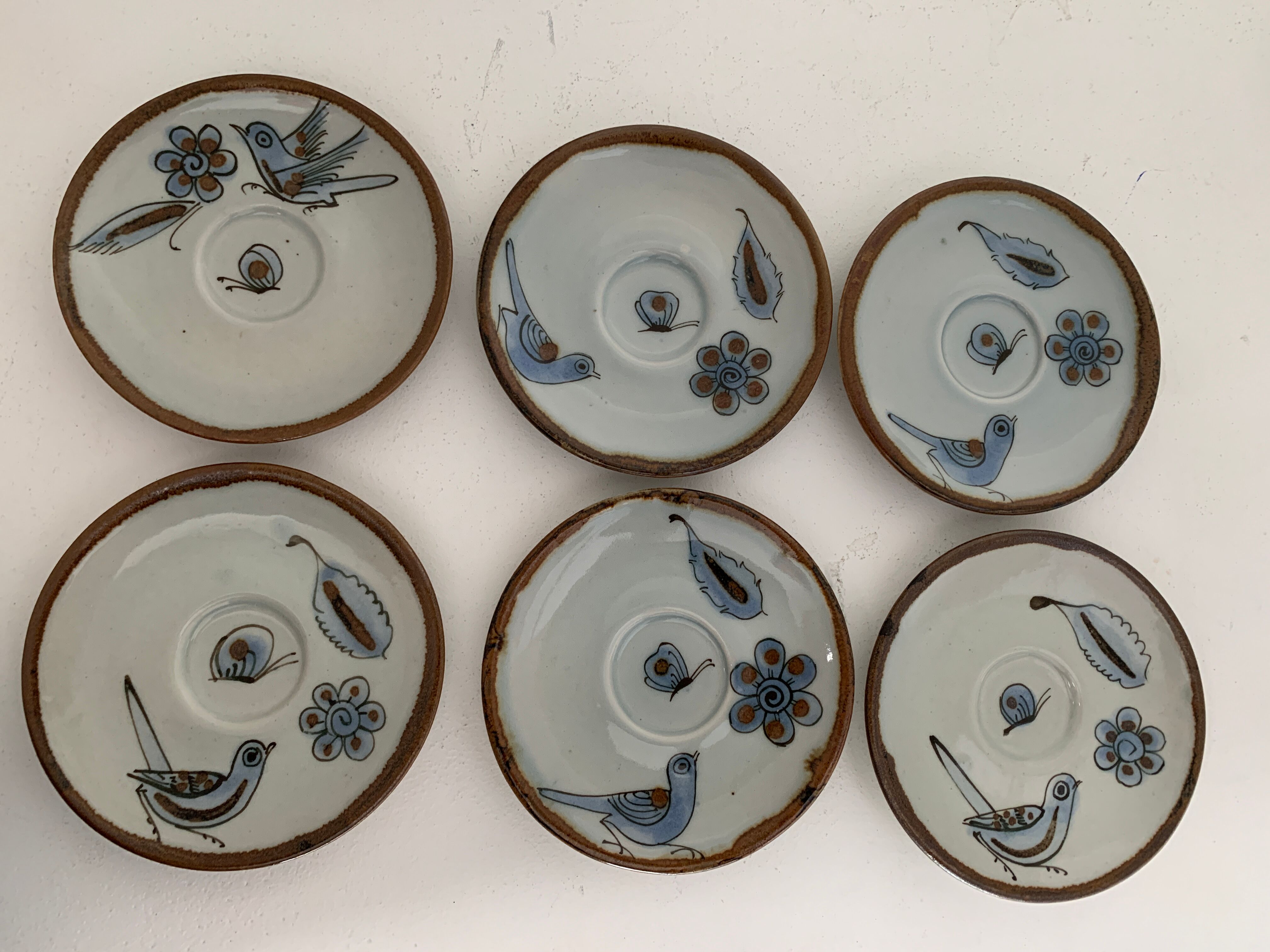 6 ceramic cups Ken Edwards, Tonala, Mexico, with sub cups and sugar