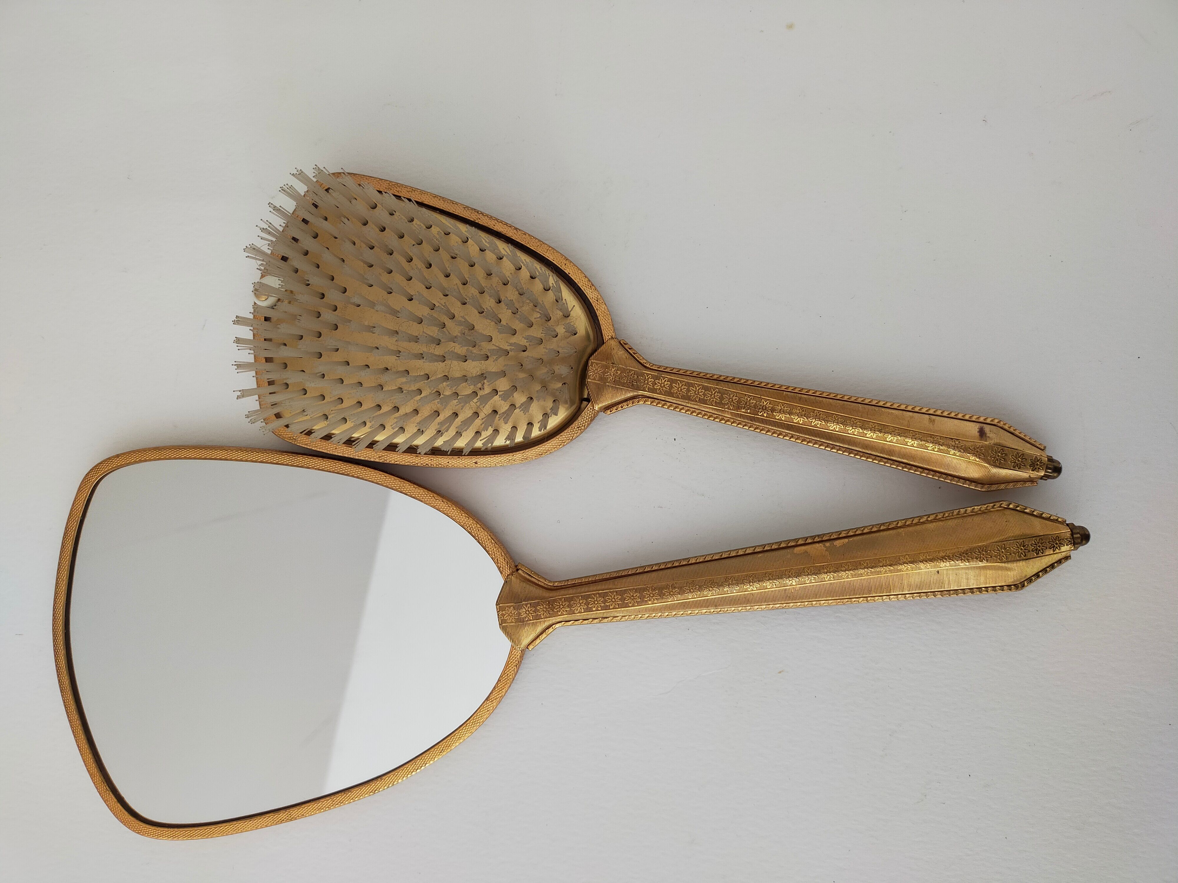 Vintage handheld mirror and hairbrush vanity set