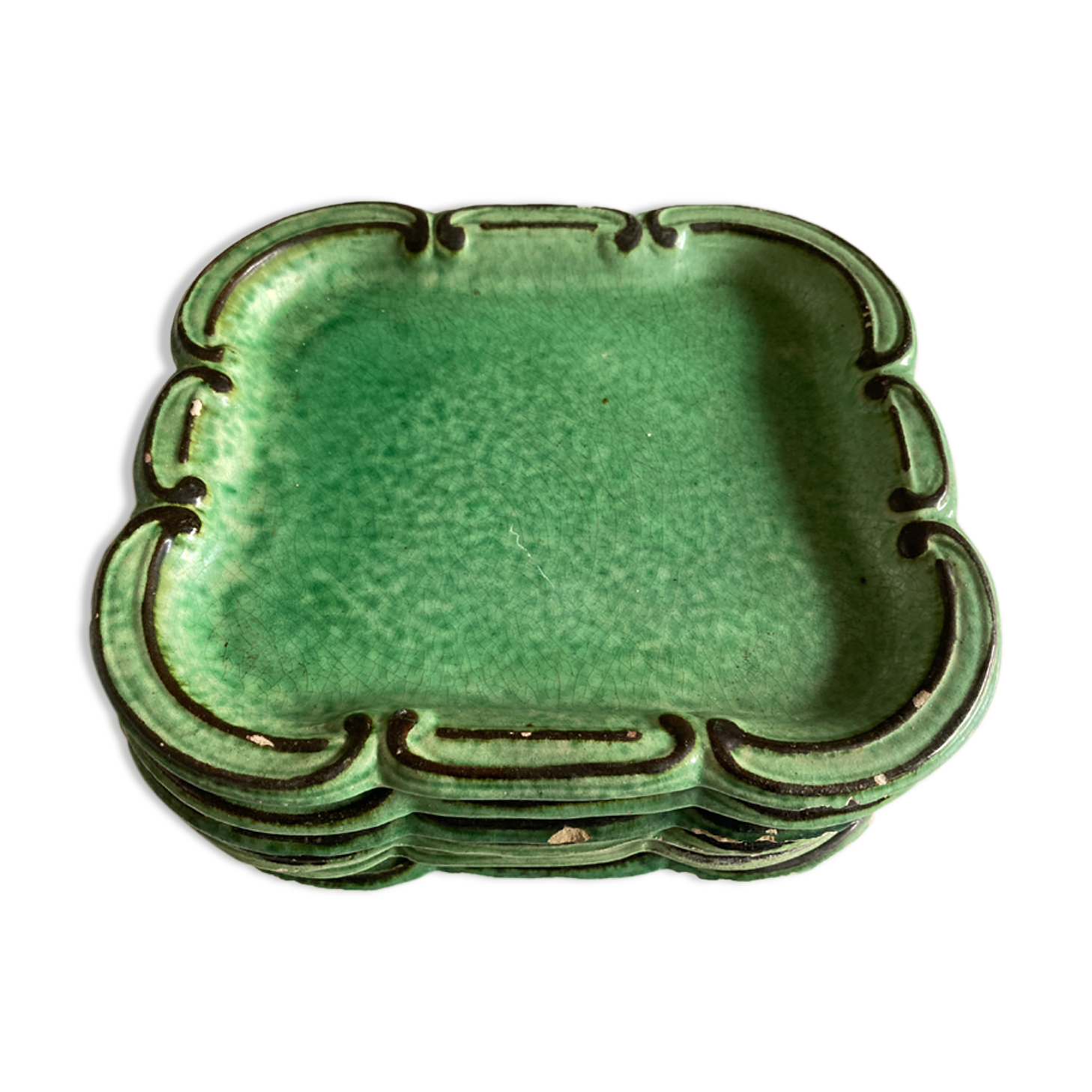 Set of 6 dessert plates in green varnished earth Vallauris 1950