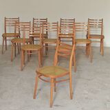 Set of 10 Bystrice tone wooden and caned chairs from the 1960s.