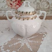 White porcelain sugar bowl decoration in relief and green and gold frieze