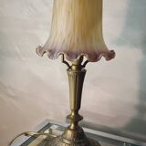 Art deco bronze lamp with pretty purple tulip, 41x15 electricity ok