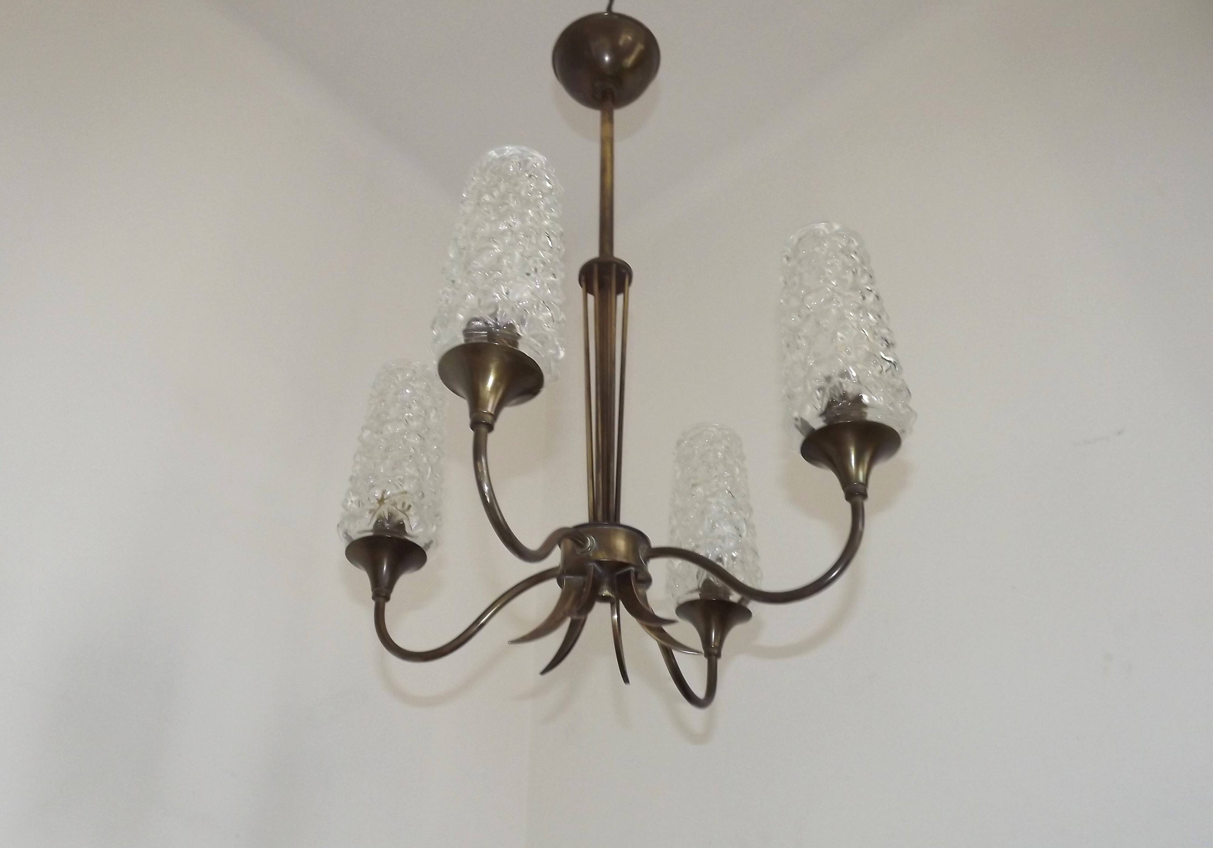 French vintage retro chandelier with 4 lights in brass and bronze with cut glass shades.