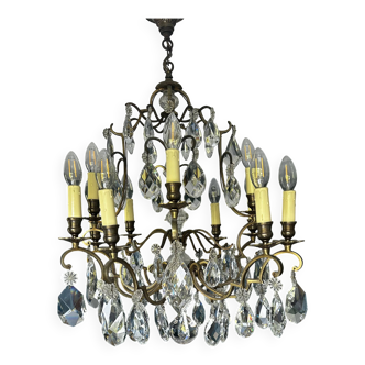 Lustre ancien en bronze et pampilles en Crystal