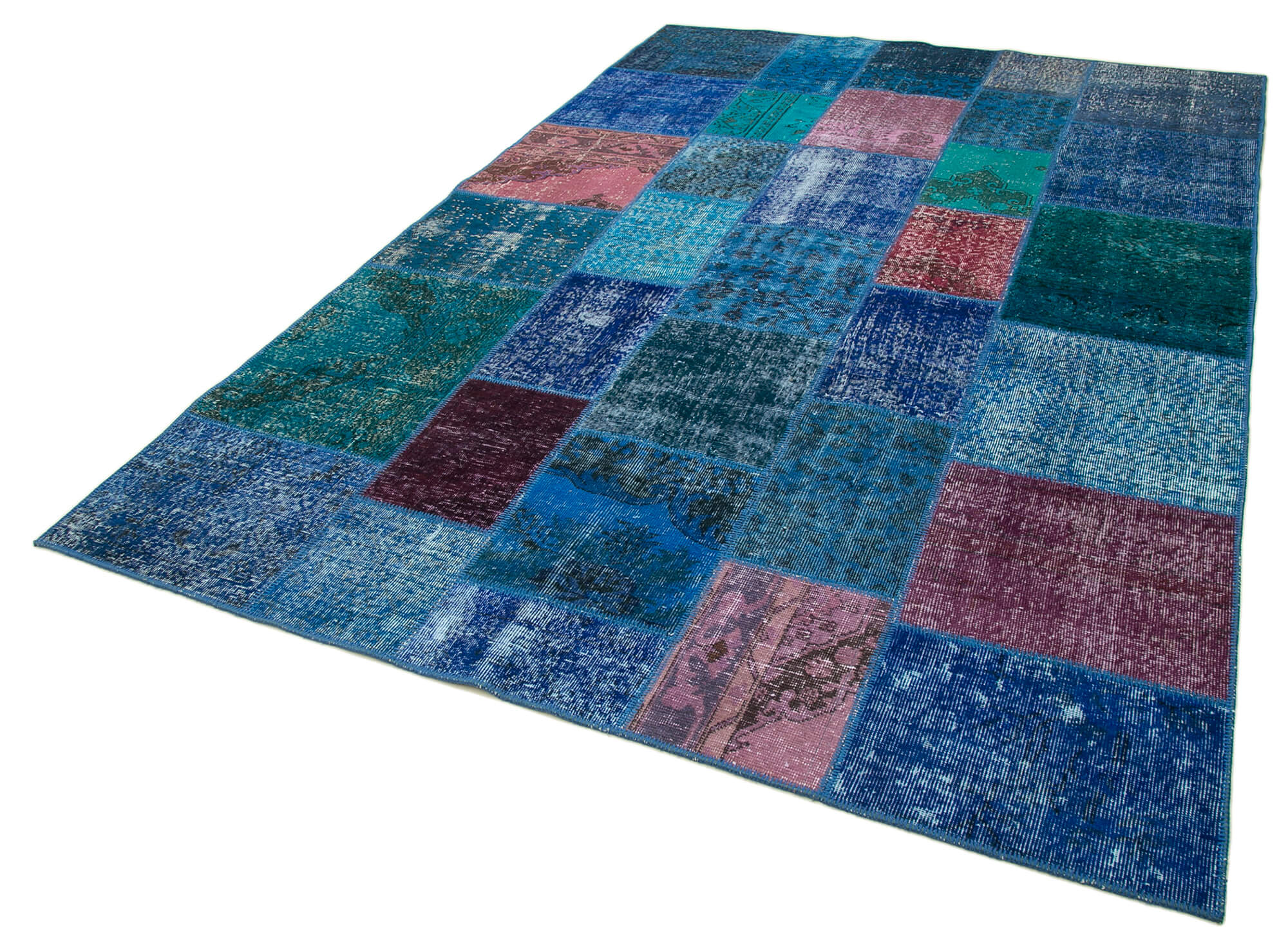 Handwoven turkish contemporary 202 cm x 300 cm blue patchwork carpet