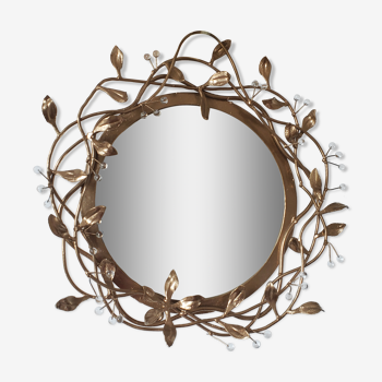 Miroir rond en fer forgé doré et feuilles
