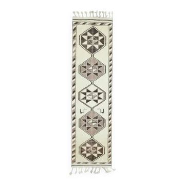 Tapis coureur vintage turc en laine et coton beige noué à la main des années 1970 90x335