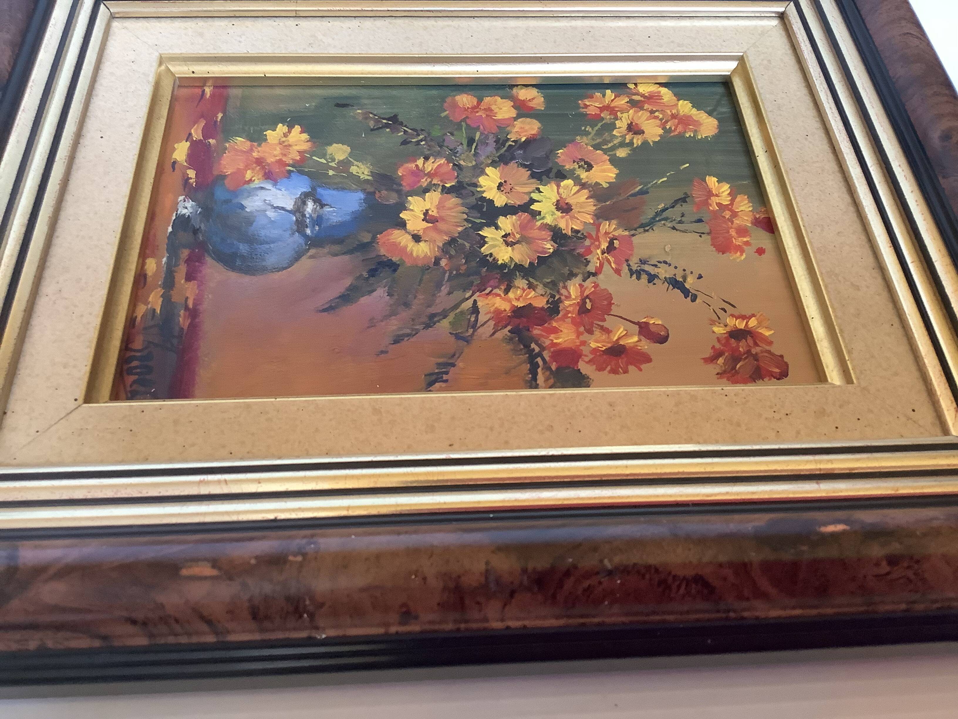 Petit tableau bouquet de fleurs huile sur panneau signée