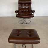 Vintage brown leather reclining lounge chair Ekornes Stressless & stool, 1960s