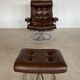 Vintage brown leather reclining lounge chair Ekornes Stressless & stool, 1960s