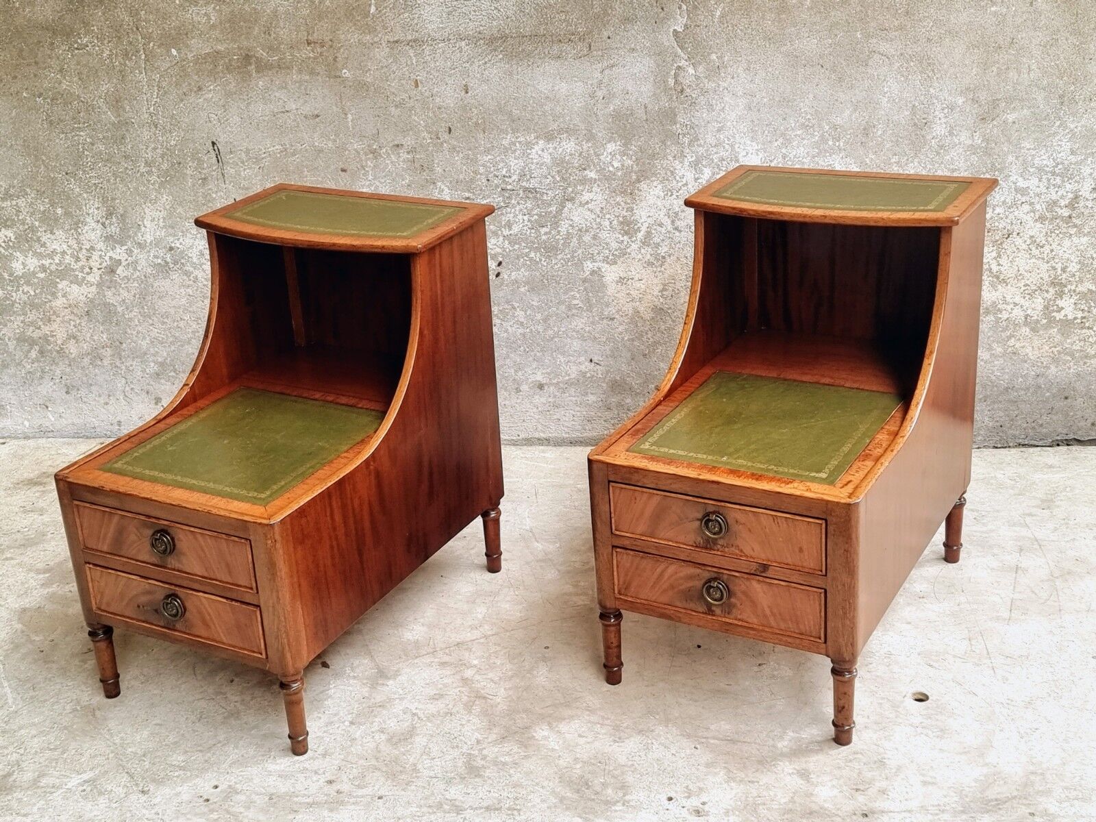 Set of mid century bedside tables with inlaid leather