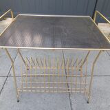 table d'appoint porte disques vinyles, laiton , grillage perforé 1960