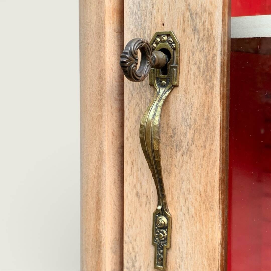 Vintage glass-fronted cabinet, raw wood, 1950s