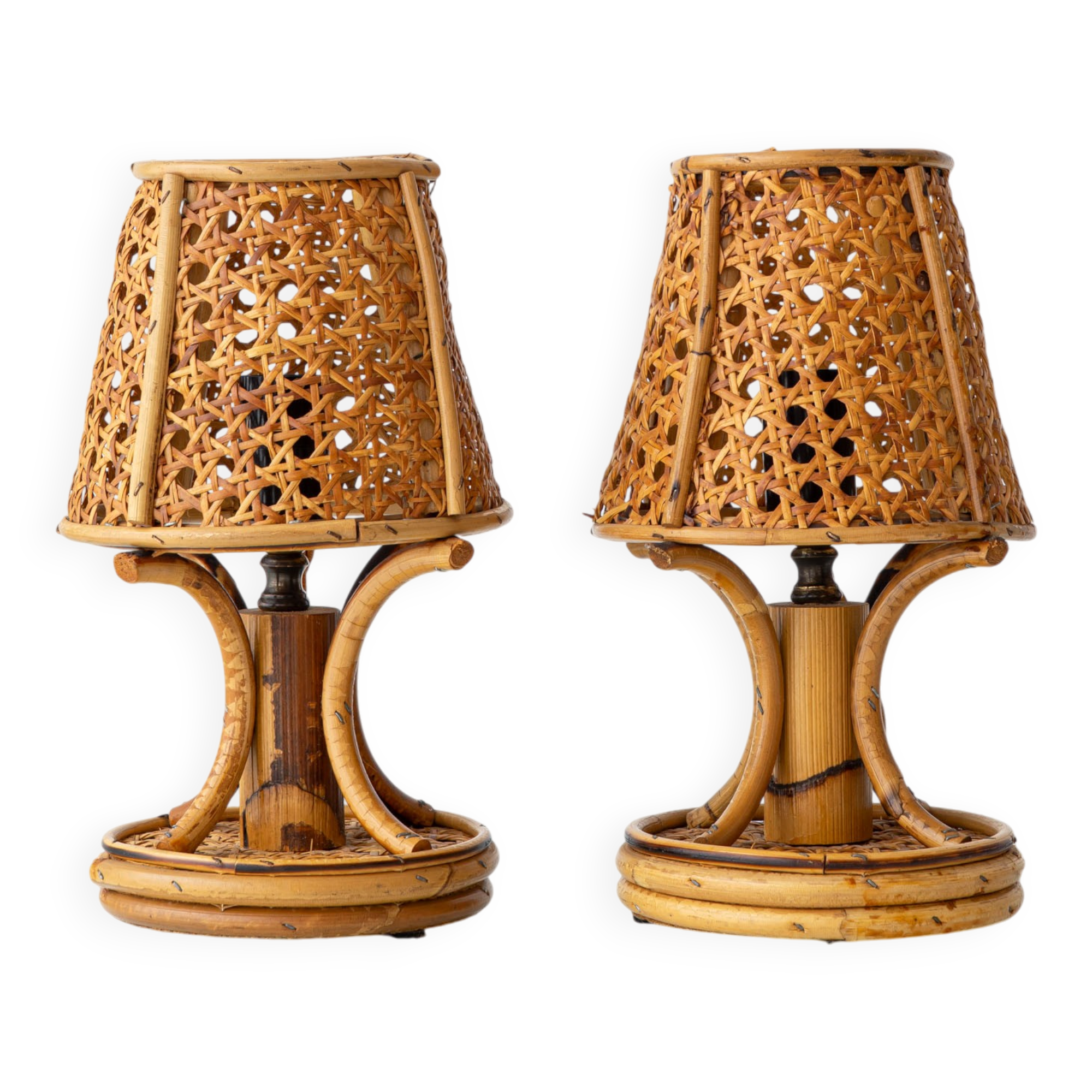 French Riviera Bamboo Rattan Table Lamps, Pair, Vienna Straw Shades, 1960s