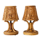French Riviera Bamboo Rattan Table Lamps, Pair, Vienna Straw Shades, 1960s