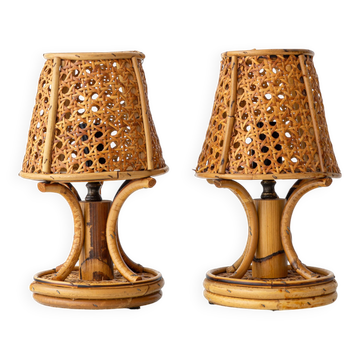 French Riviera Bamboo Rattan Table Lamps, Pair, Vienna Straw Shades, 1960s