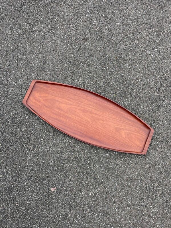 Grand plateau de service en teck 1960 scandinave signé 76cm Danemark