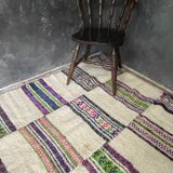 Natural white wool fluffy rug with colourful stripes, Romanian handwoven carpet