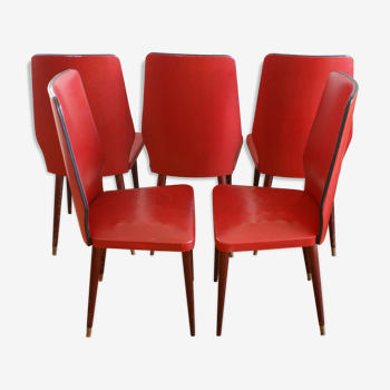 Chaises vintage simili rouge pieds compas en bois