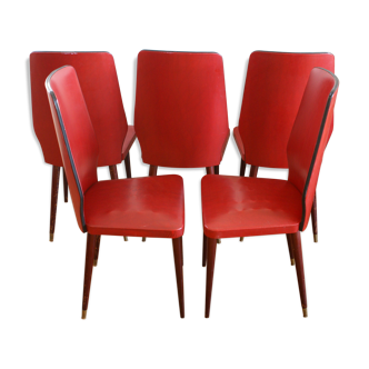 Chaises vintage simili rouge pieds compas en bois
