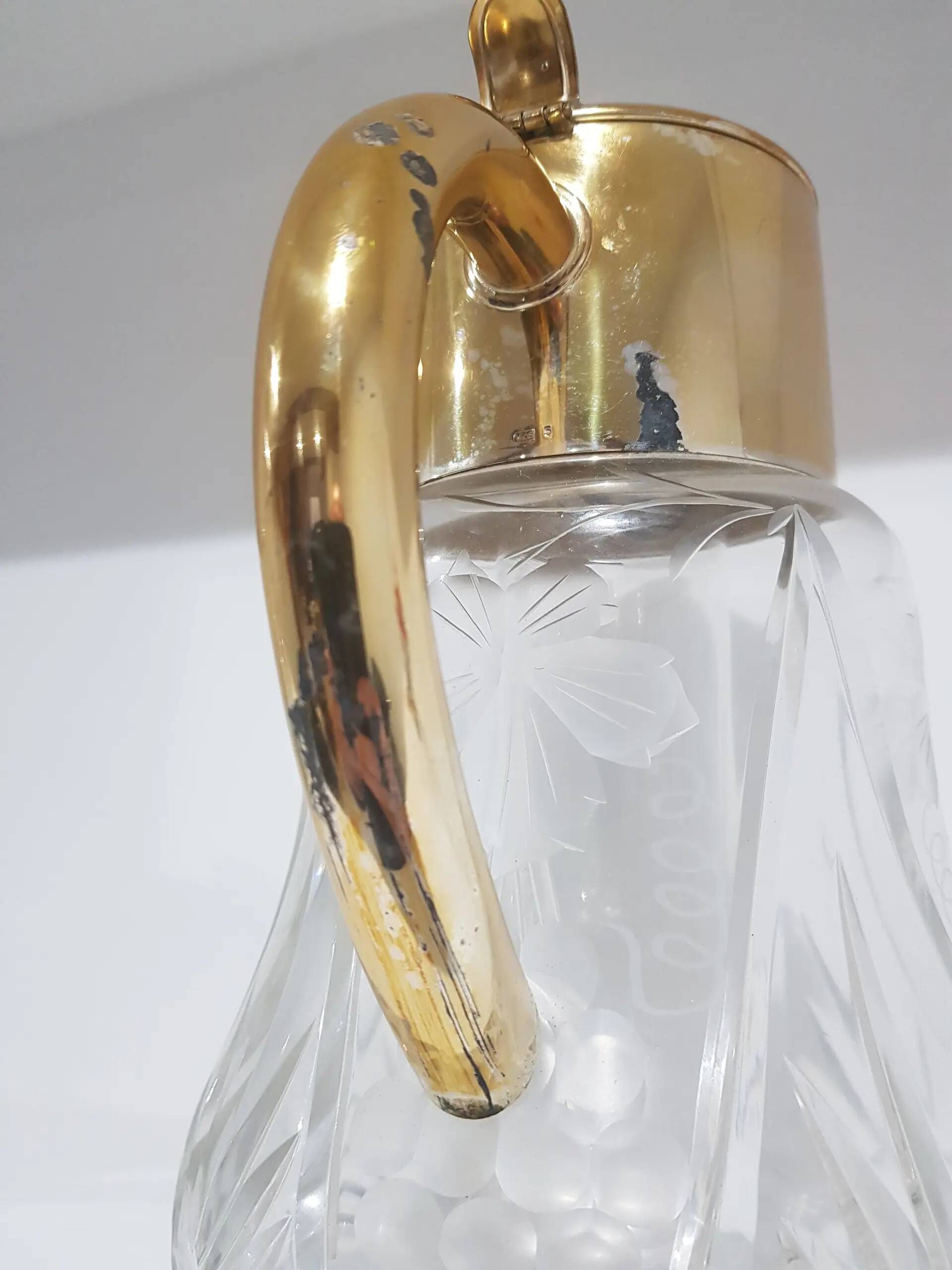 Carafe, transparent crystal, gilded brass, Germany, 1950s