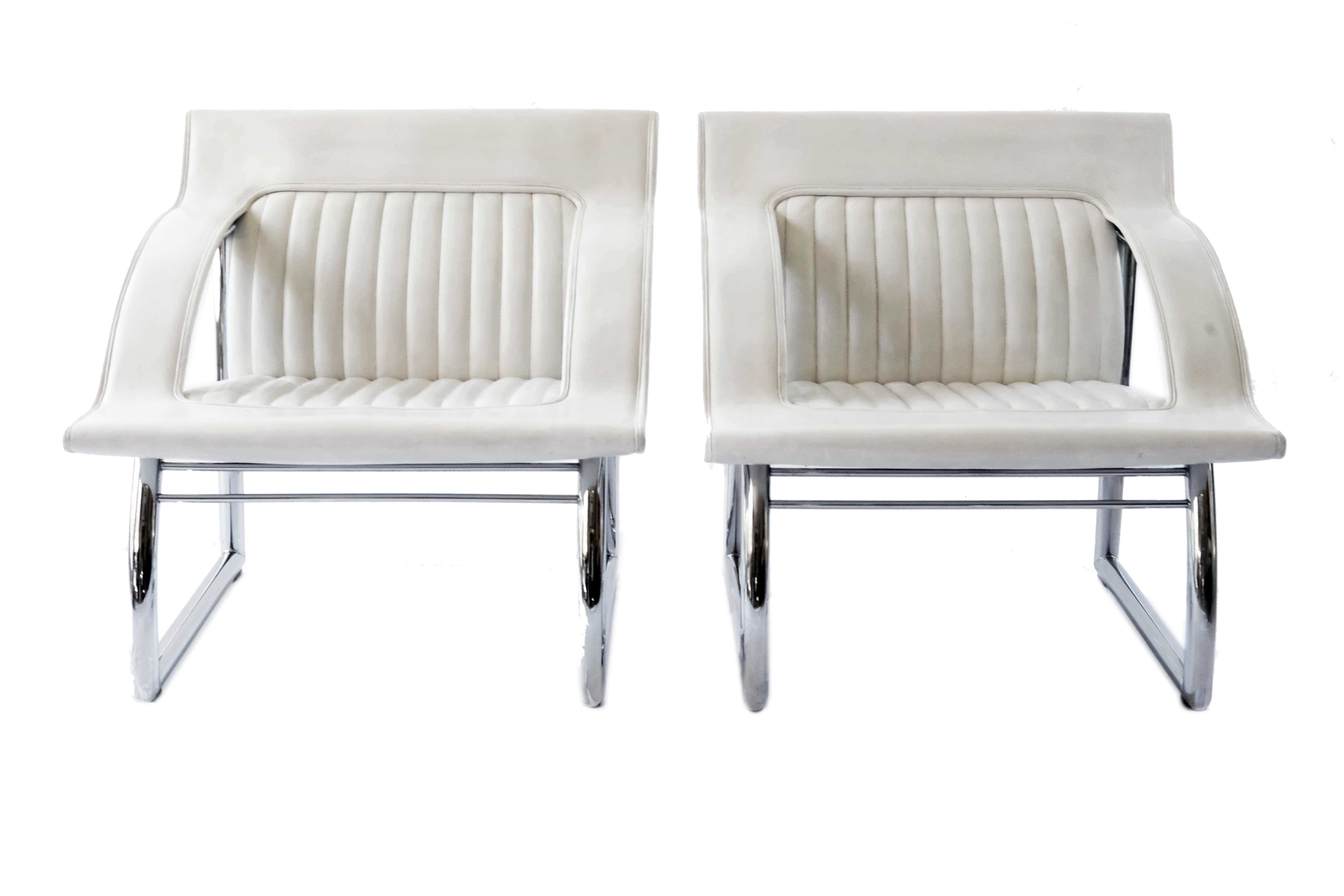 Pair of De Sede Armchairs in White Leather and Steel, Switzerland 1970's