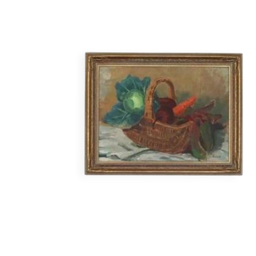 Huile sur toile originale suédoise "Panier de légumes" G Wald vintage et encadrée