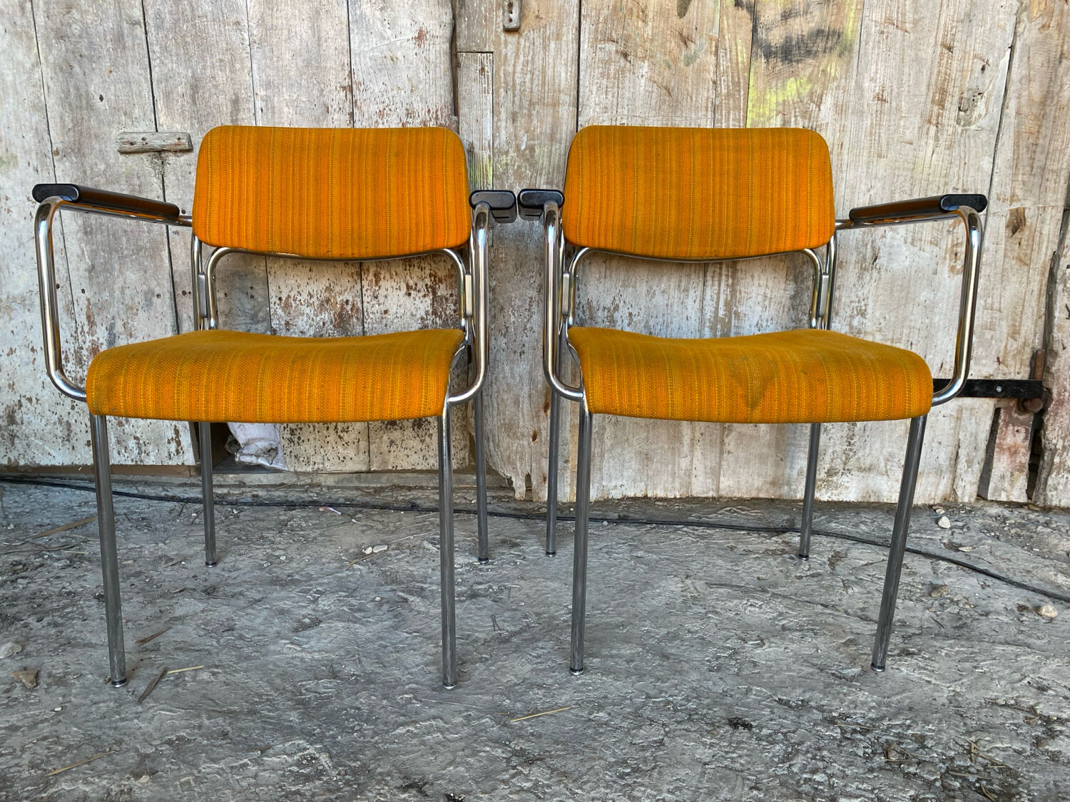 Pair of Vintage 1970s Chrome Metal Armchairs with Orange Fabric and Wood