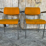 Pair of Vintage 1970s Chrome Metal Armchairs with Orange Fabric and Wood