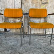 Pair of Vintage 1970s Chrome Metal Armchairs with Orange Fabric and Wood