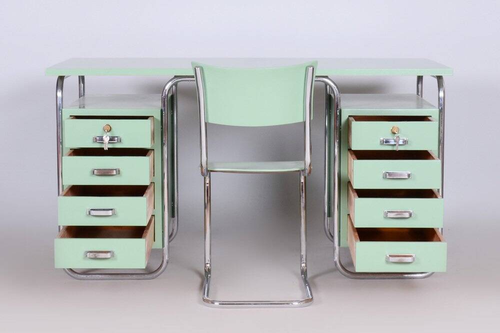 Bauhaus Writing Desk and Chair in Chrome-Plated Steel from Thonet, Czechia, 1930s, Set of 2