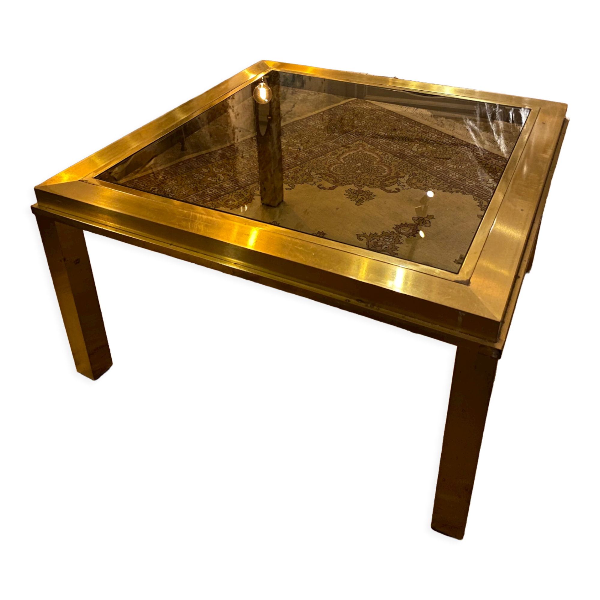 Gold square coffee table and smoked glass