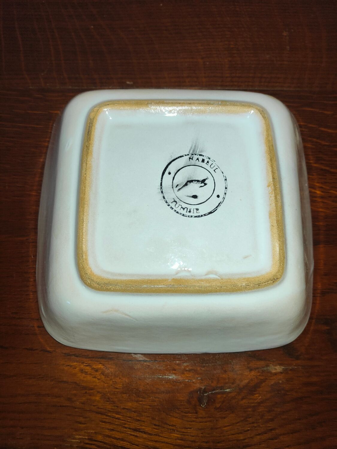 Old square dish square cut in polychrome glazed ceramic Nabeul Tunisian with bird decoration
