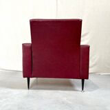 Vintage burgundy armchair, compass base in black metal and brass