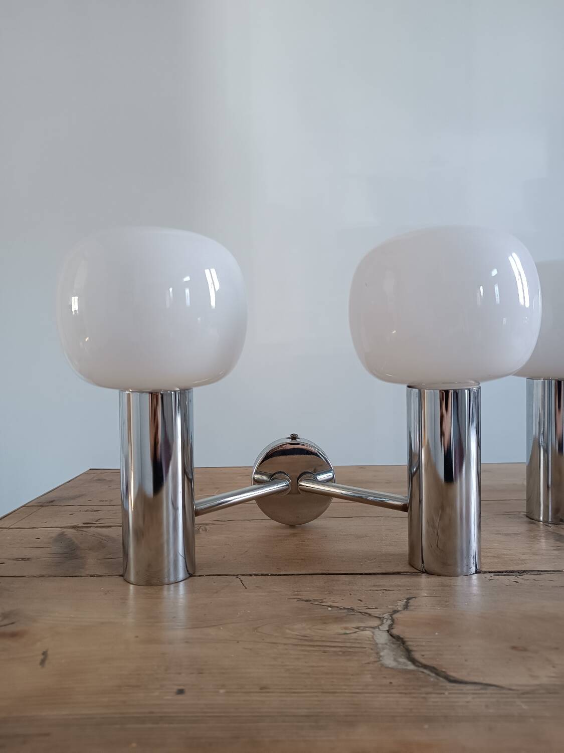 Pair of vintage wall lights in chromed metal and opaline 1970