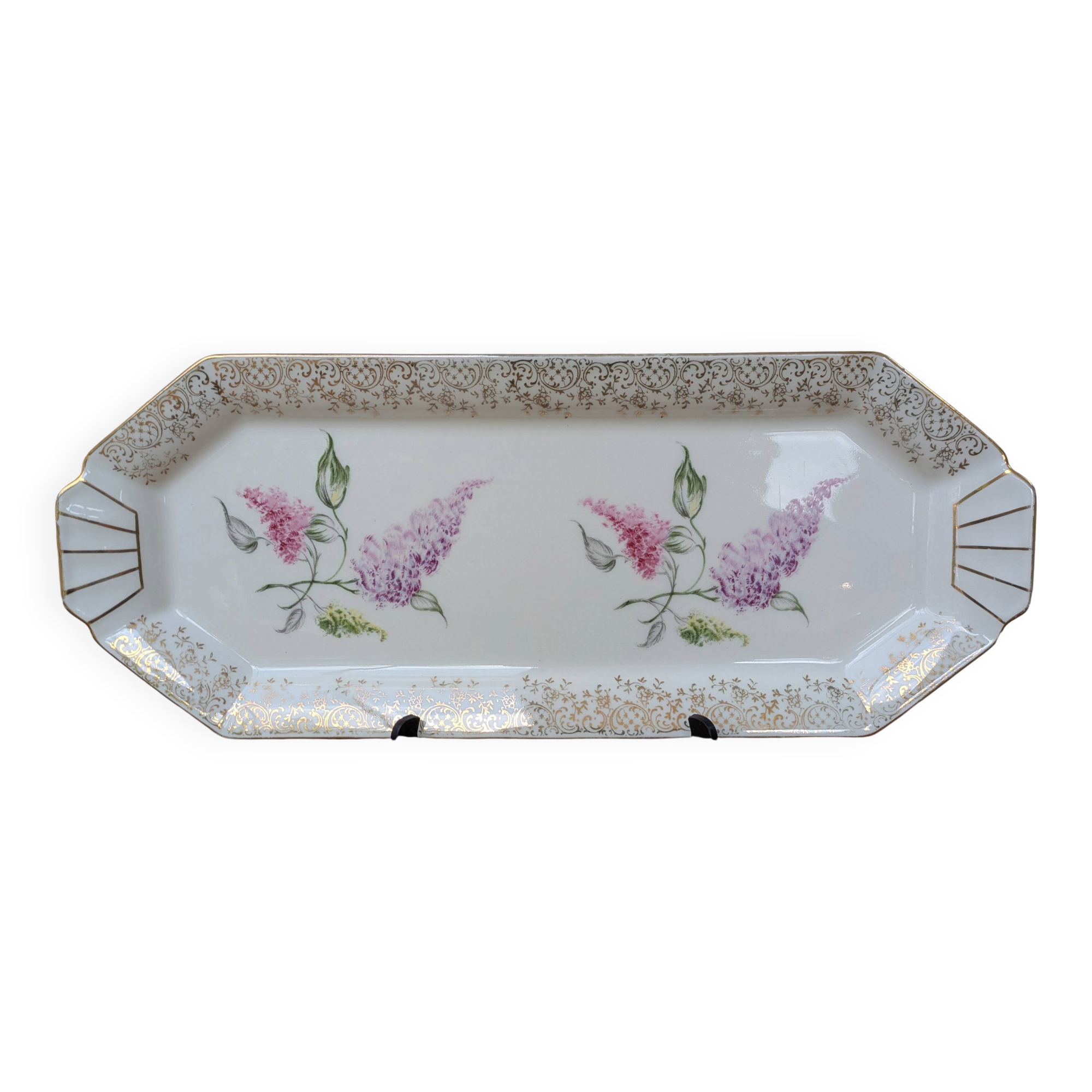 Limoges enamel porcelain cake dish LF with lilac flower decoration.