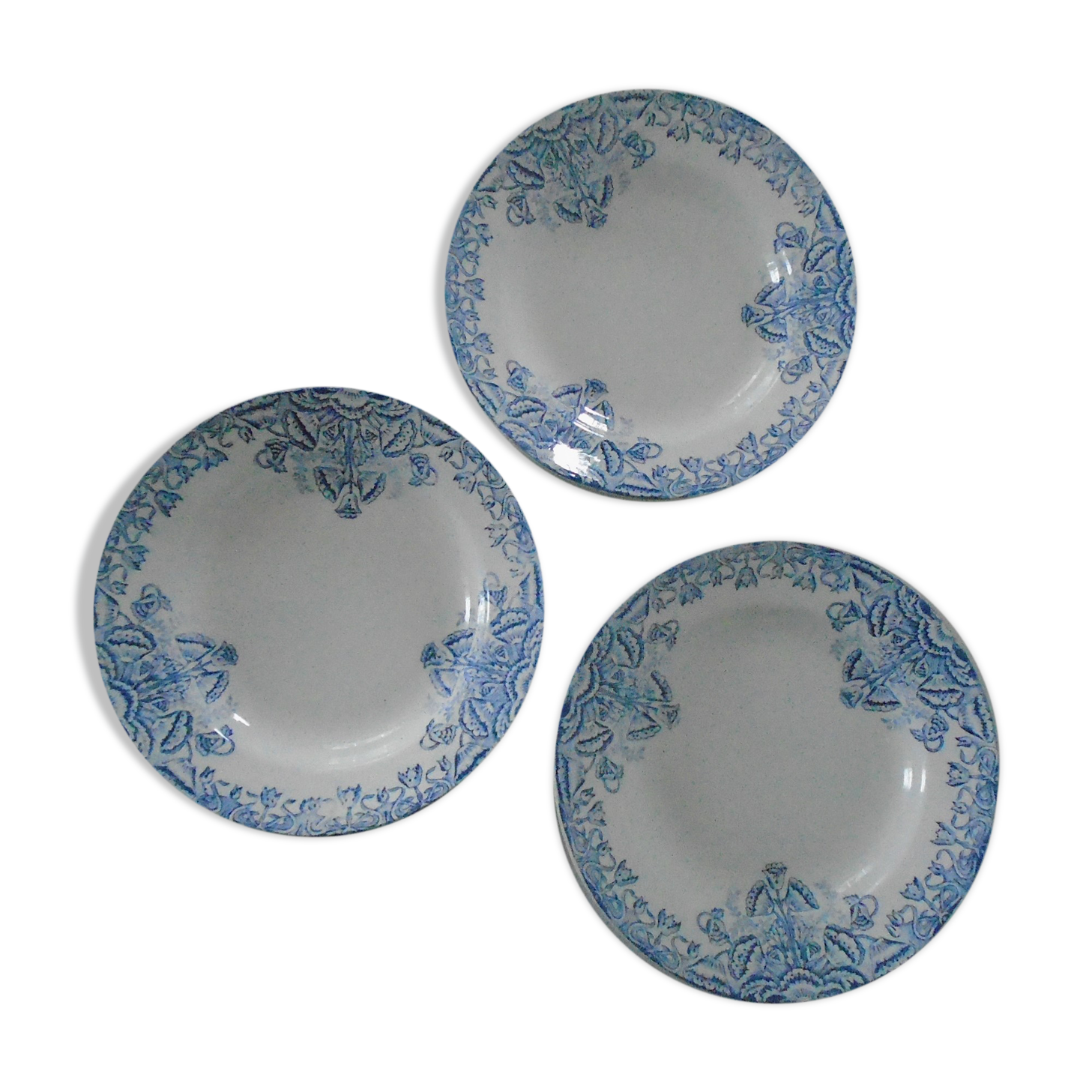 3 Blue Plates Saint Amand Waters decoration Floral faience ancient