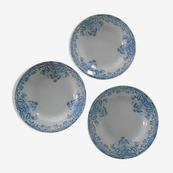 Set 3 assiettes bleues Saint Amand Les Eaux  décor Floral faience ancienne