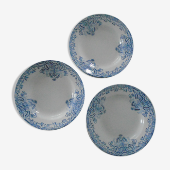 3 Blue Plates Saint Amand Waters decoration Floral faience ancient