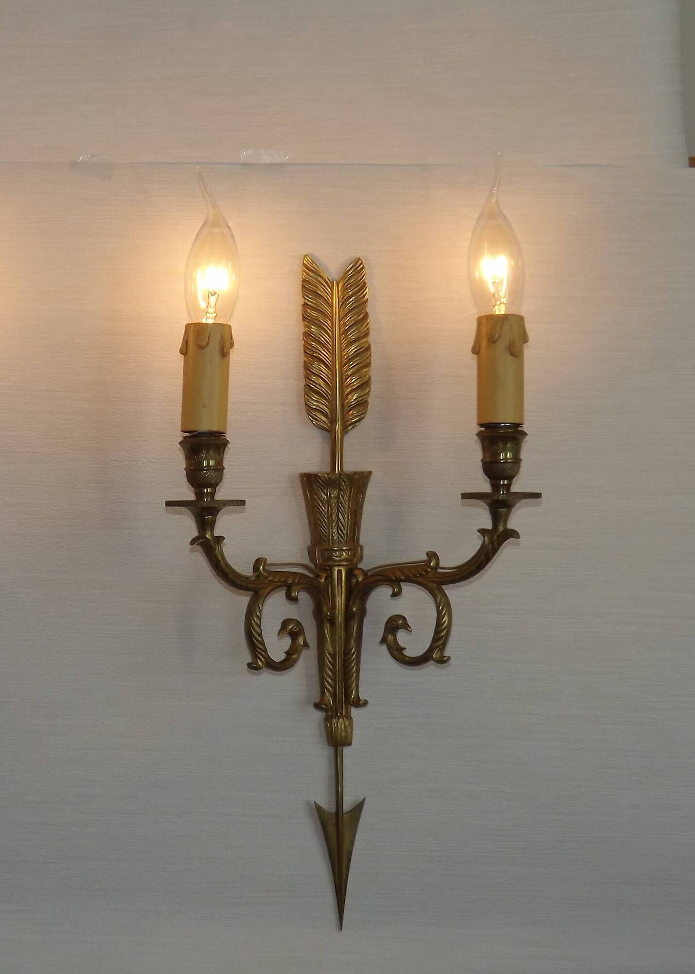 Vintage French Empire Arrow & Quiver Eagle Head Bronze Double Wall Sconces