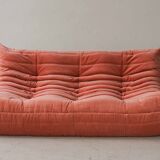Coral corduroy Togo three-seat sofa by Michel Ducaroy for Ligne Roset