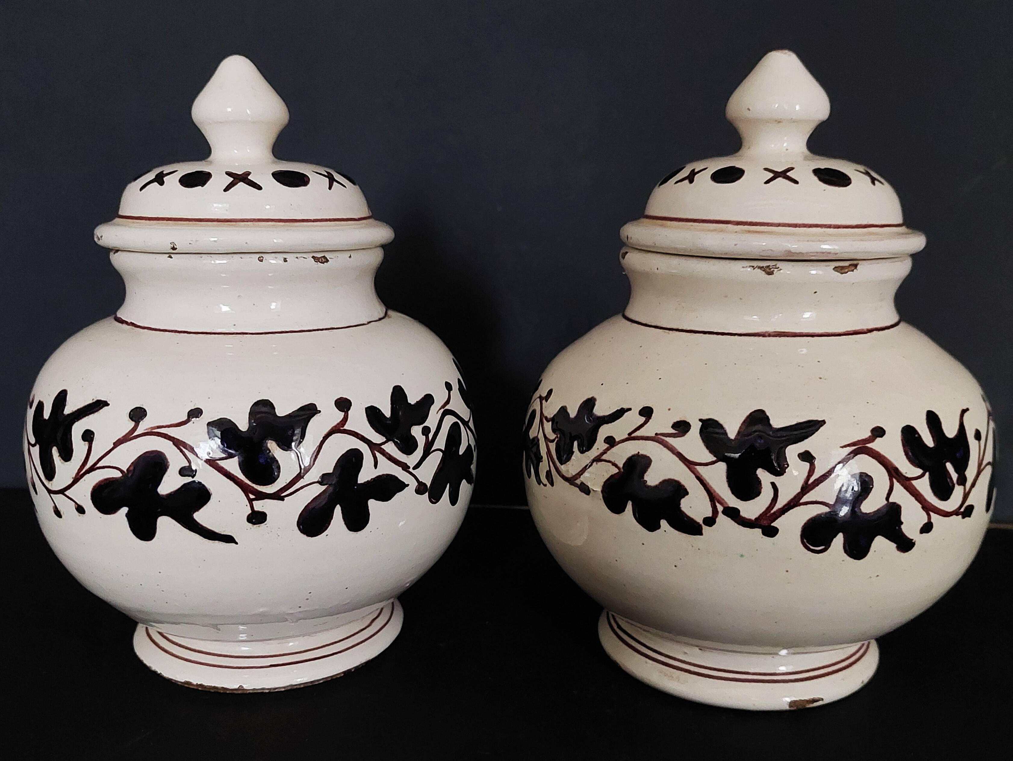 Pair of covered earthenware pots Italy Castelli 18th century