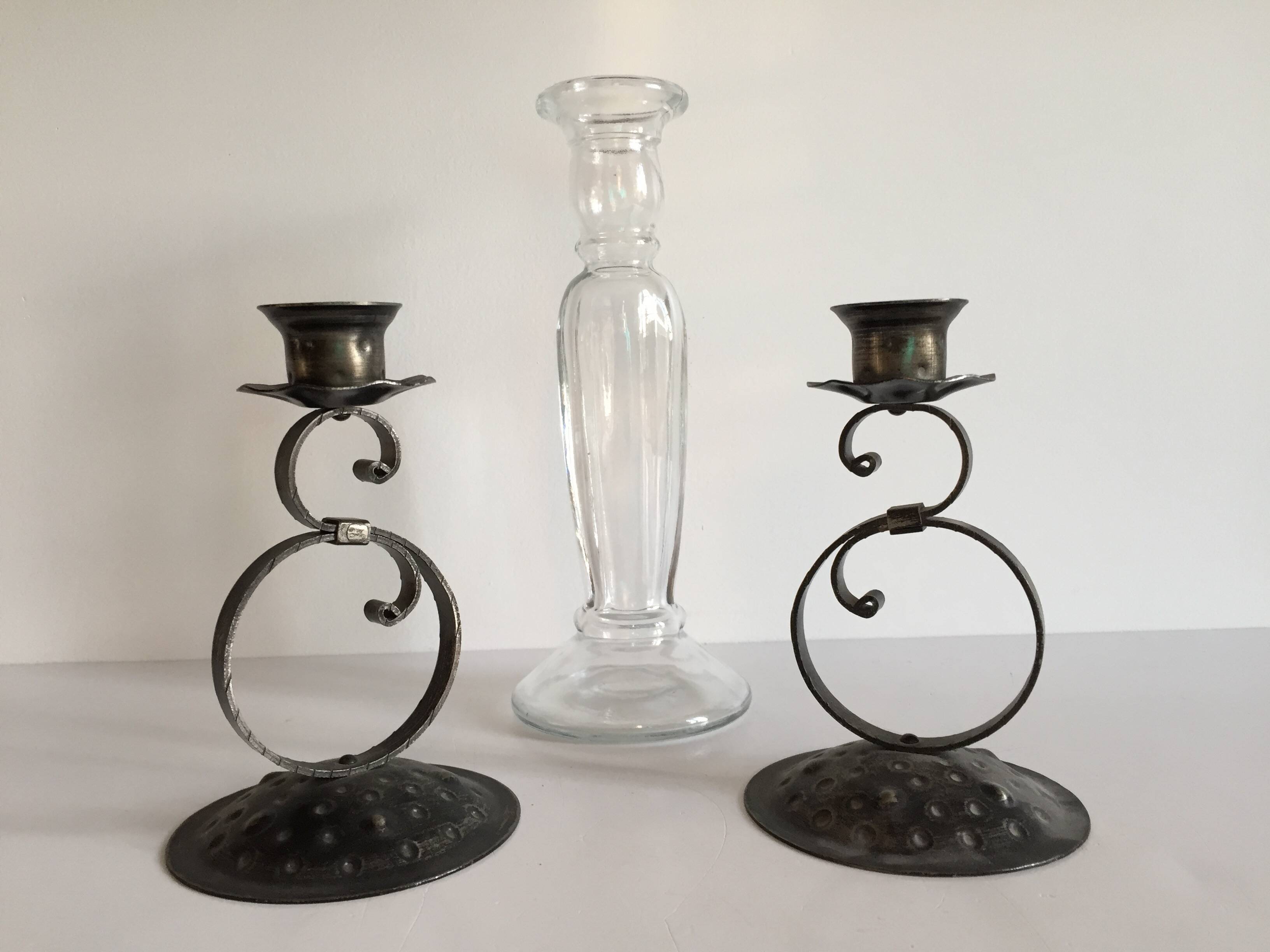 Bougeoirs verre et métal vintage
