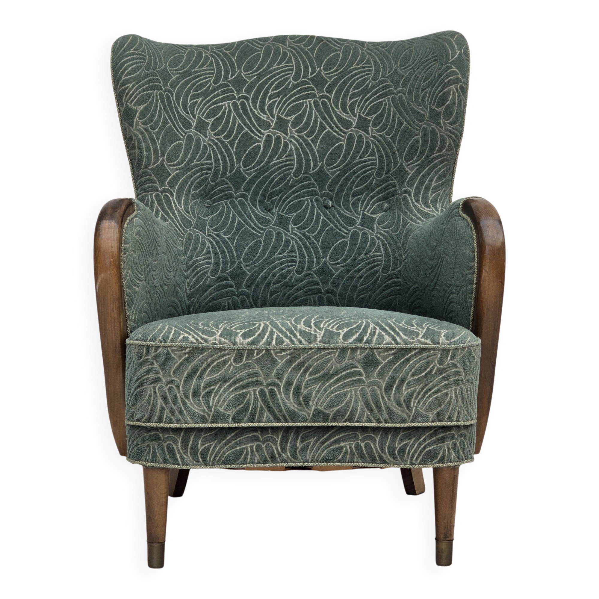 1960s, Danish armchair, green furniture velour, beech wood.