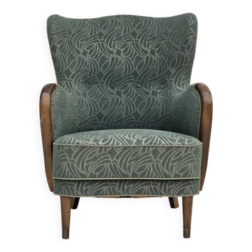 Fauteuil danois des années 1960, velours vert, bois de hêtre.