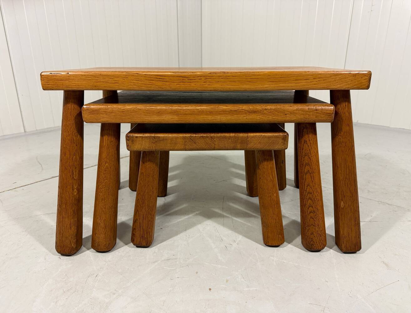Brutalist rustic blond oak nesting tables
