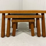 Brutalist rustic blond oak nesting tables